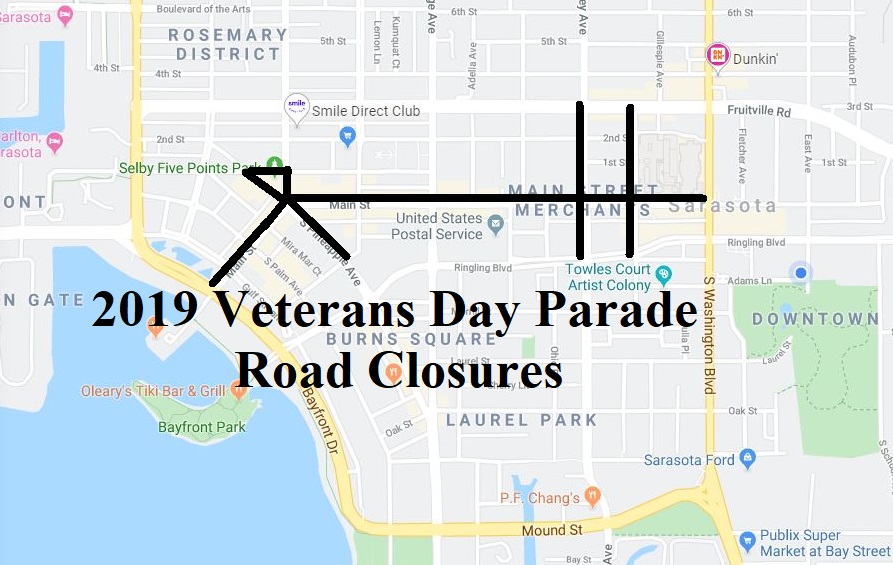 2019 Veterans Day Parade Road Closure Map